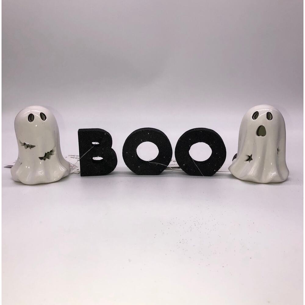 Set Ceramic LED Halloween Ghosts Bats & Stars Light Up & BOO Glitter Letters New